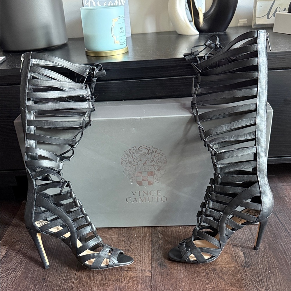Vince Camuto Strappy Black Knee-High Heels
